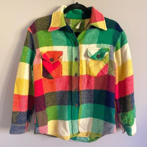 Vintage 70s HBC Coloured Plaid Wool Collared Bell Shirt Shacket  - XS/S - Picture 7 of 8